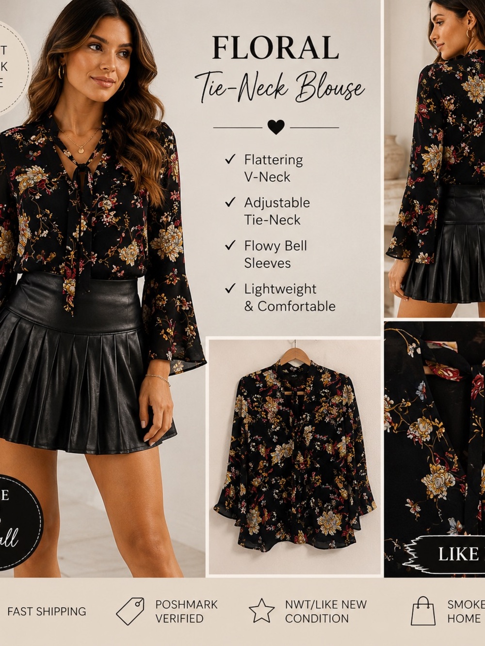 bebe Black Floral Tie-Neck Blouse